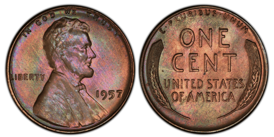 1957 Lincoln wheat penny obverse and reverse showing Lincoln portrait, date, and wheat stalks