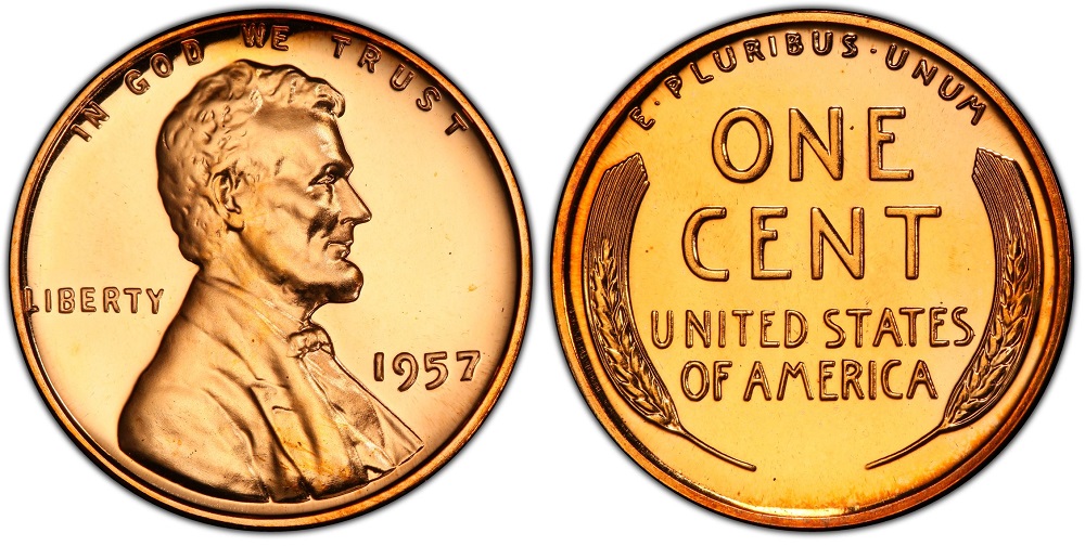 1957 wheat penny standard proof versus Deep Cameo proof side-by-side showing contrast difference