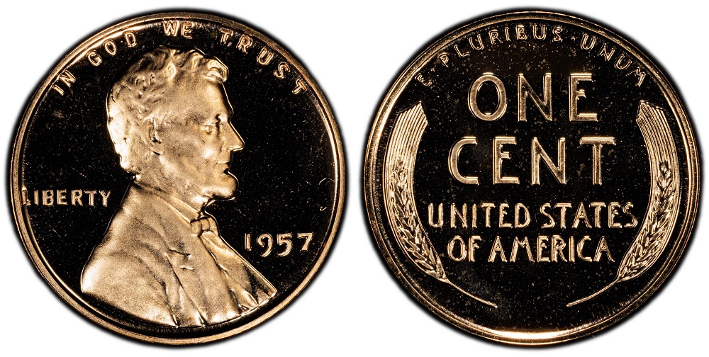 1957 wheat penny Deep Cameo proof DCAM in PCGS holder showing frosted Lincoln against jet-black fields