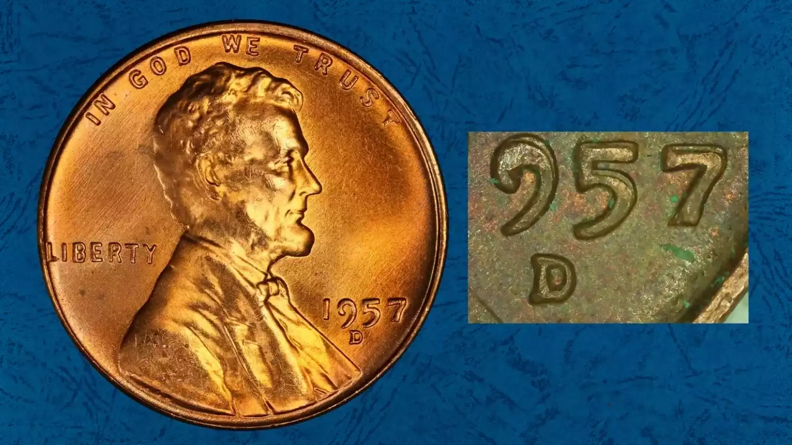 1957 wheat penny doubled die obverse DDO showing ghost doubling in LIBERTY inscription under magnification