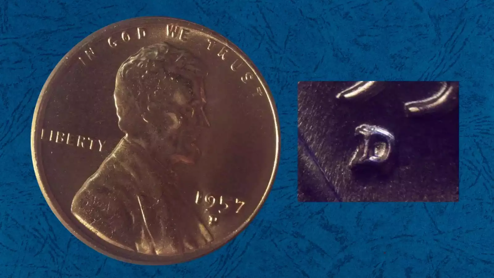1957-D wheat penny repunched mint mark RPM showing doubled D mint mark below date