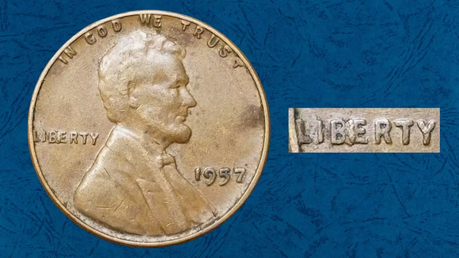 1957 wheat penny BIE die break error showing raised vertical line between B and E in LIBERTY