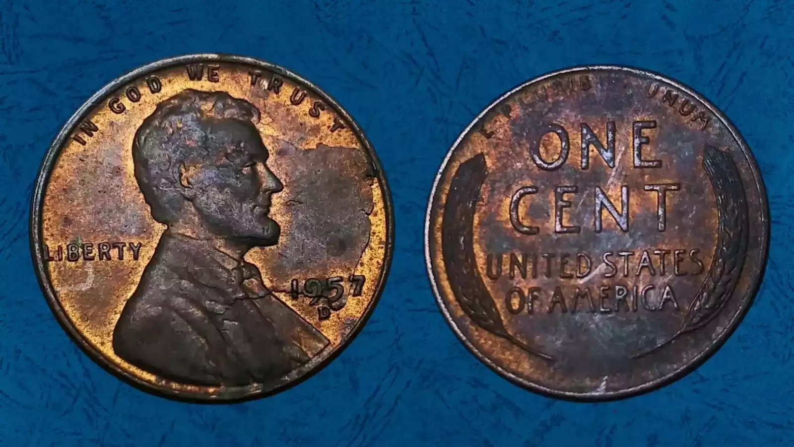 1957-D wheat penny lamination error showing peeling copper surface layer in Lincoln hair area
