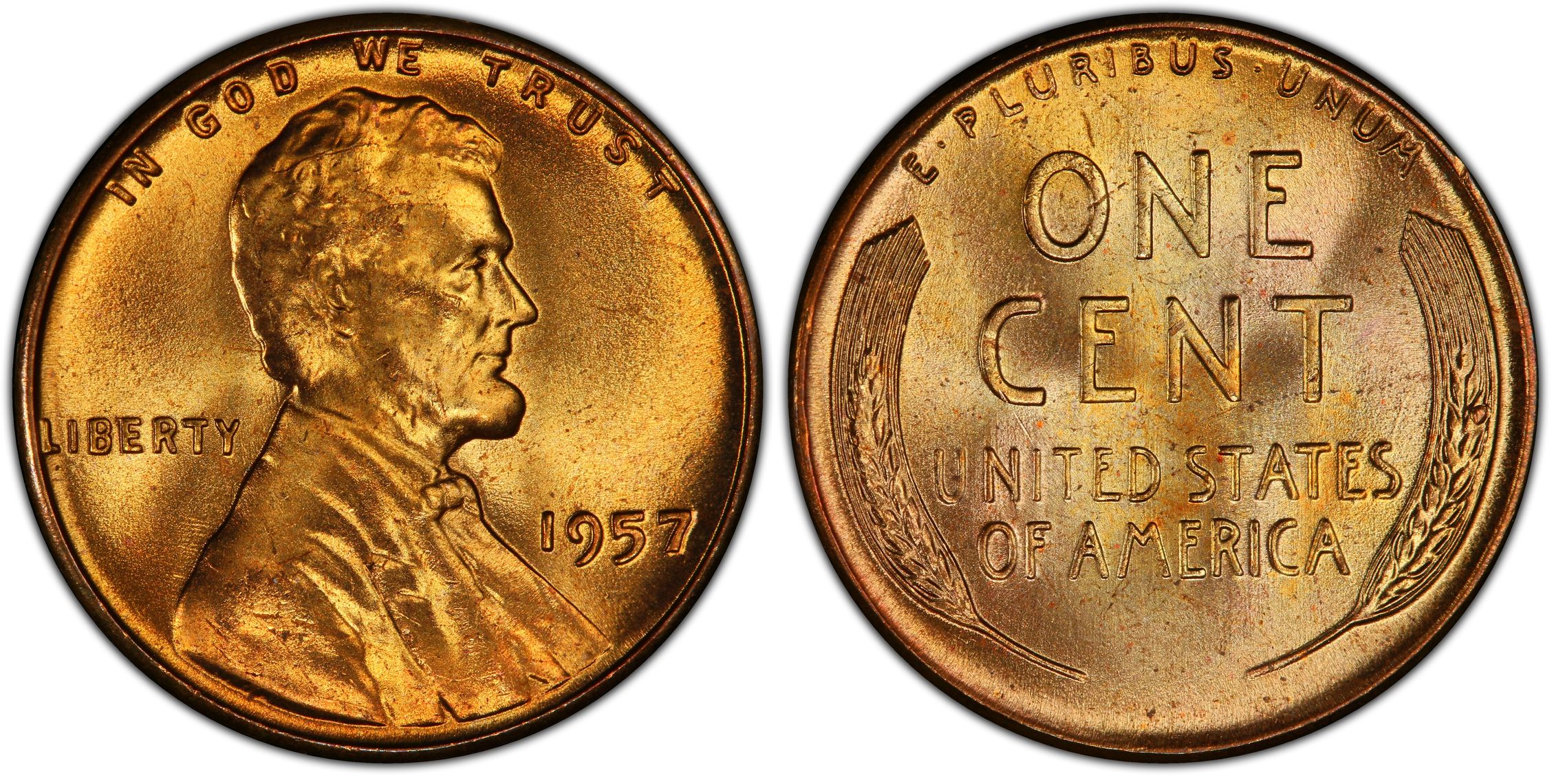 1957 wheat penny grading strip showing four condition tiers from worn to gem uncirculated